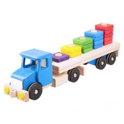 Camion albastru cu semiremorca si blocuri din lemn 52 cm