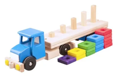 Camion albastru cu semiremorca si blocuri din lemn 52 cm